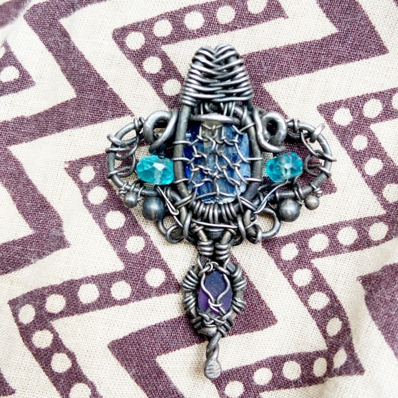 Handmade Kyanite, Gem Silica Chrysocolla, Amethyst Sterling Silver Pendant - Picture 4 of 4
